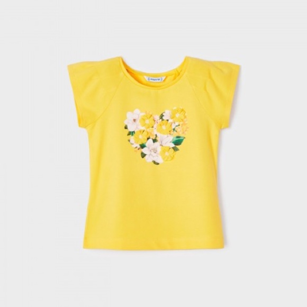 Size 5 Girls Mayoral Bright Yellow Short Sleeve Tee with Floral Heart Applique